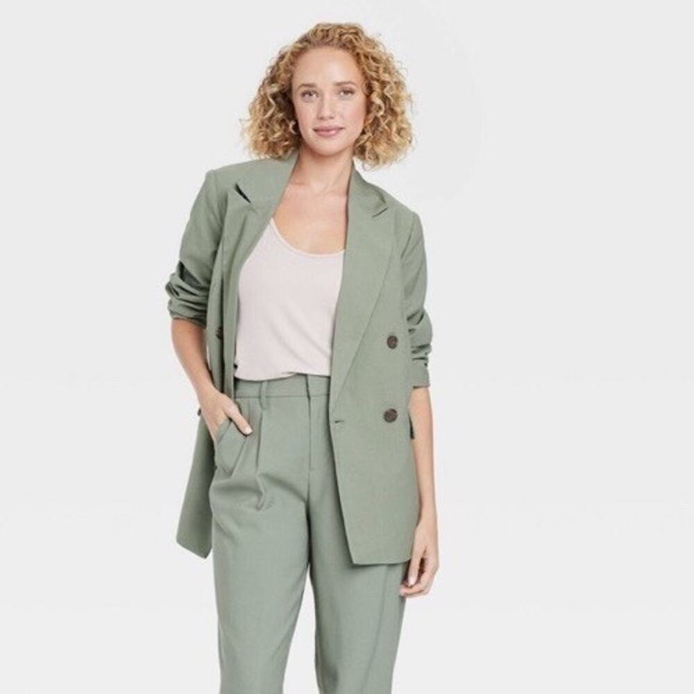 A New Day Women's Double Breasted Blazer Jacket Back Slit Mid Length Green L New